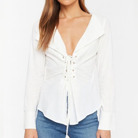 NWT WAYF Lace-Up Vneck Shirt Revolve Blouse M Top White Coquette Business Casual - Picture 1 of 6